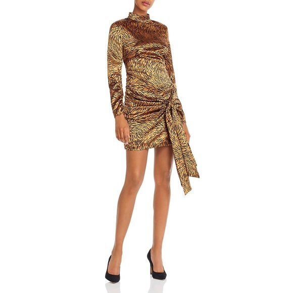 Likely Womens Khaleesi Dress Mini Gold Ruched Tie Front Bodycon Animal Print NEW - Picture 1 of 16